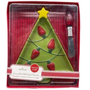 Hallmark serving dish with lighted spreader tree star green red glass READ NEW
